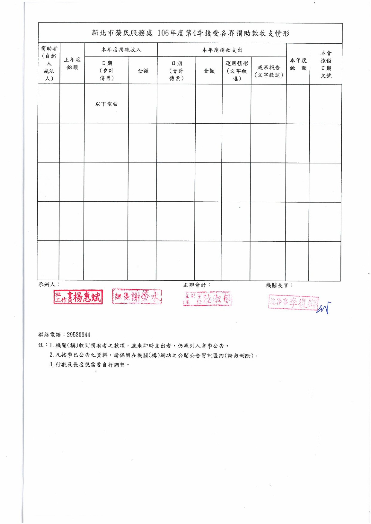 106年度第4季接受各界捐助款收支情形公告