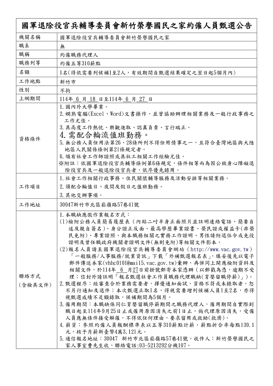 1140618(公告)-社工員育嬰留職停薪期間職代甄選公告