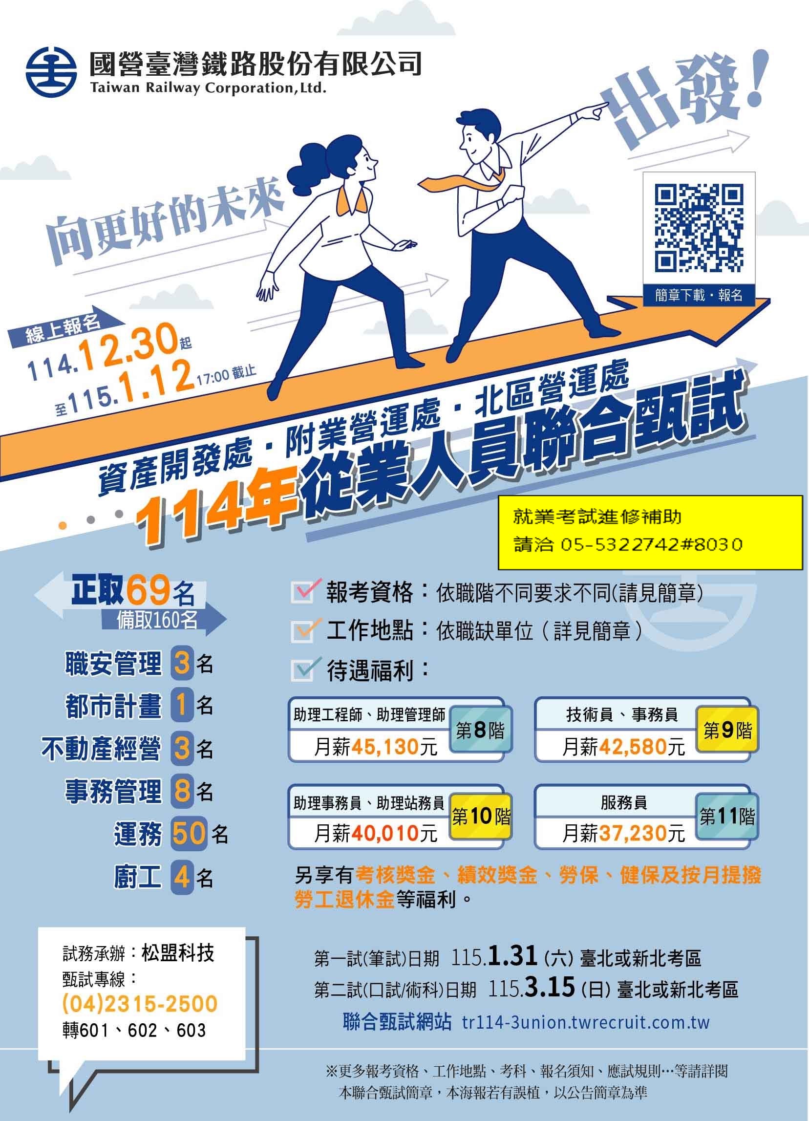 臺鐵公司資開處、附業營運處、北區營運處114年從業人員聯合甄試招考海報(雲榮)