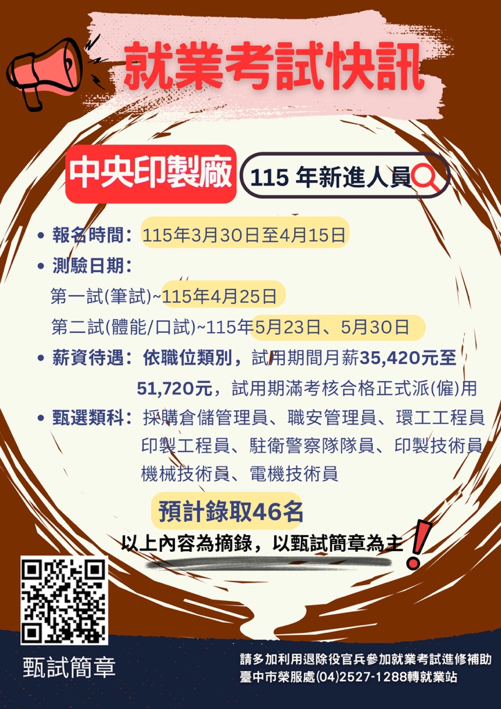 【就業考試快訊】中央印製廠115年新進人員甄試