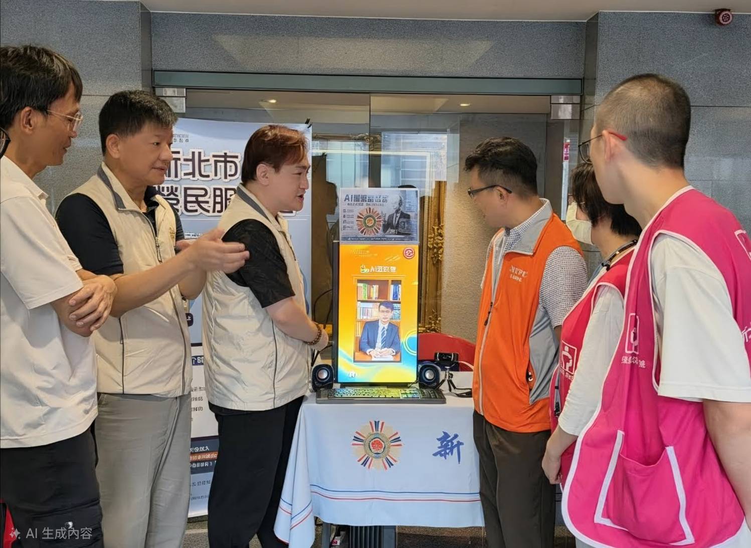 新北市榮服處就業站站長(左3)於就業博覽會現場展示輔導會AI模擬面試服務,協助退除役官兵透過情境演練強化面試應答技巧。