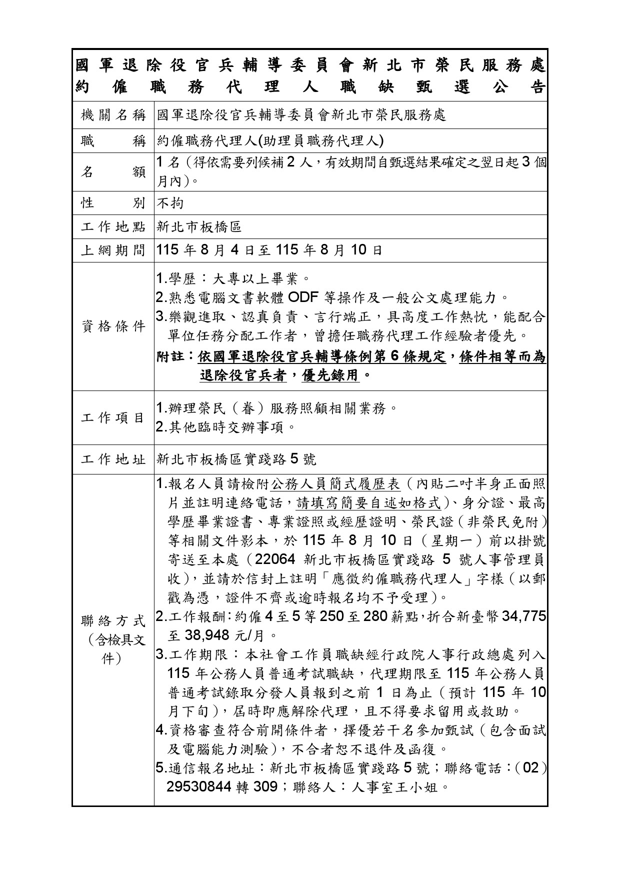 職務代理人(助理員職缺)上網公告事項