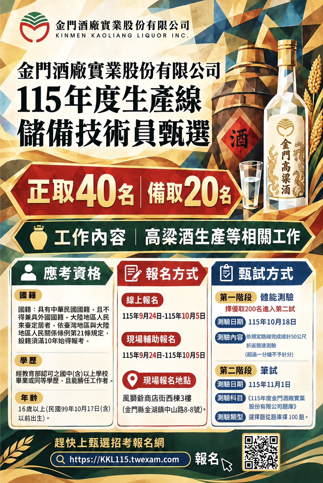 金門酒廠115年生產線儲備技術員甄選